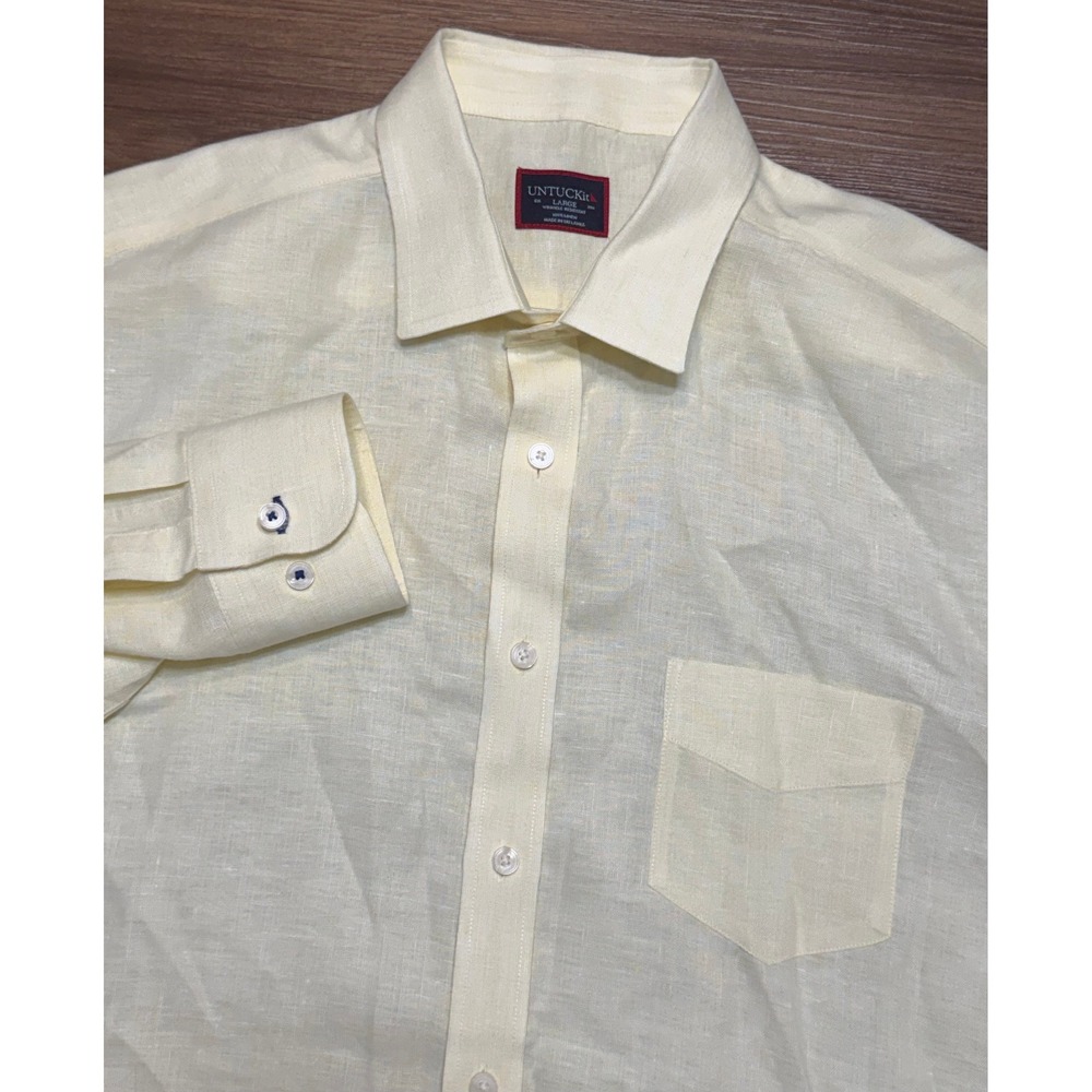 UNTUCKit Vin Santo Yellow 100% Linen Button Down Shirt Mens Regular Fit Sz L